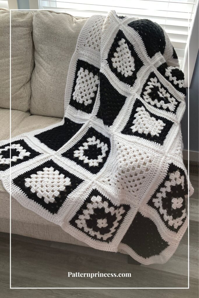 Black and White Granny Square on Sofa