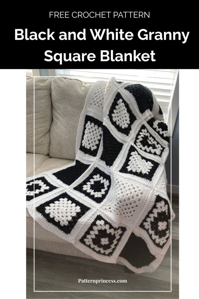 Black and White Granny Square Blanket on Sofa from Pattern Princess1